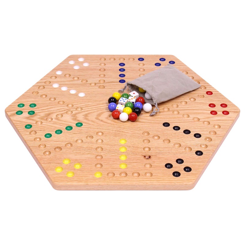 AmishToyBox.com Wahoo Marble Game Board Set - 20" Wide - Solid Oak Wood - Double-Sided - with Large 18mm Marbles and Dice Included - Image 1